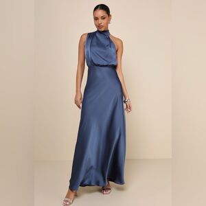 Lulu's Navy Satin Halter Dress